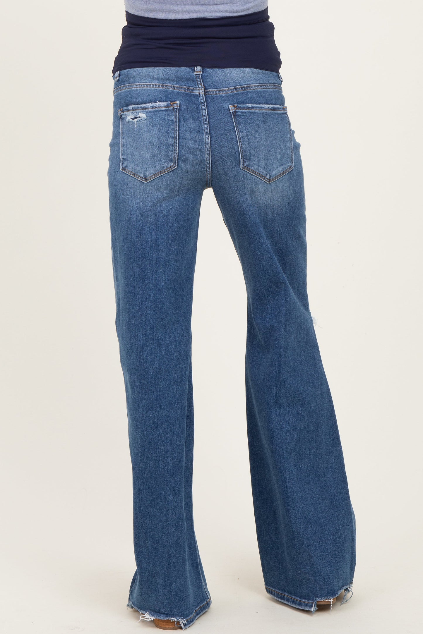 Navy Distressed Knee Wide Leg Maternity Jeans