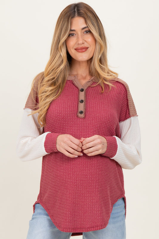 Burgundy Colorblock Relaxed Waffle Knit Maternity Henley