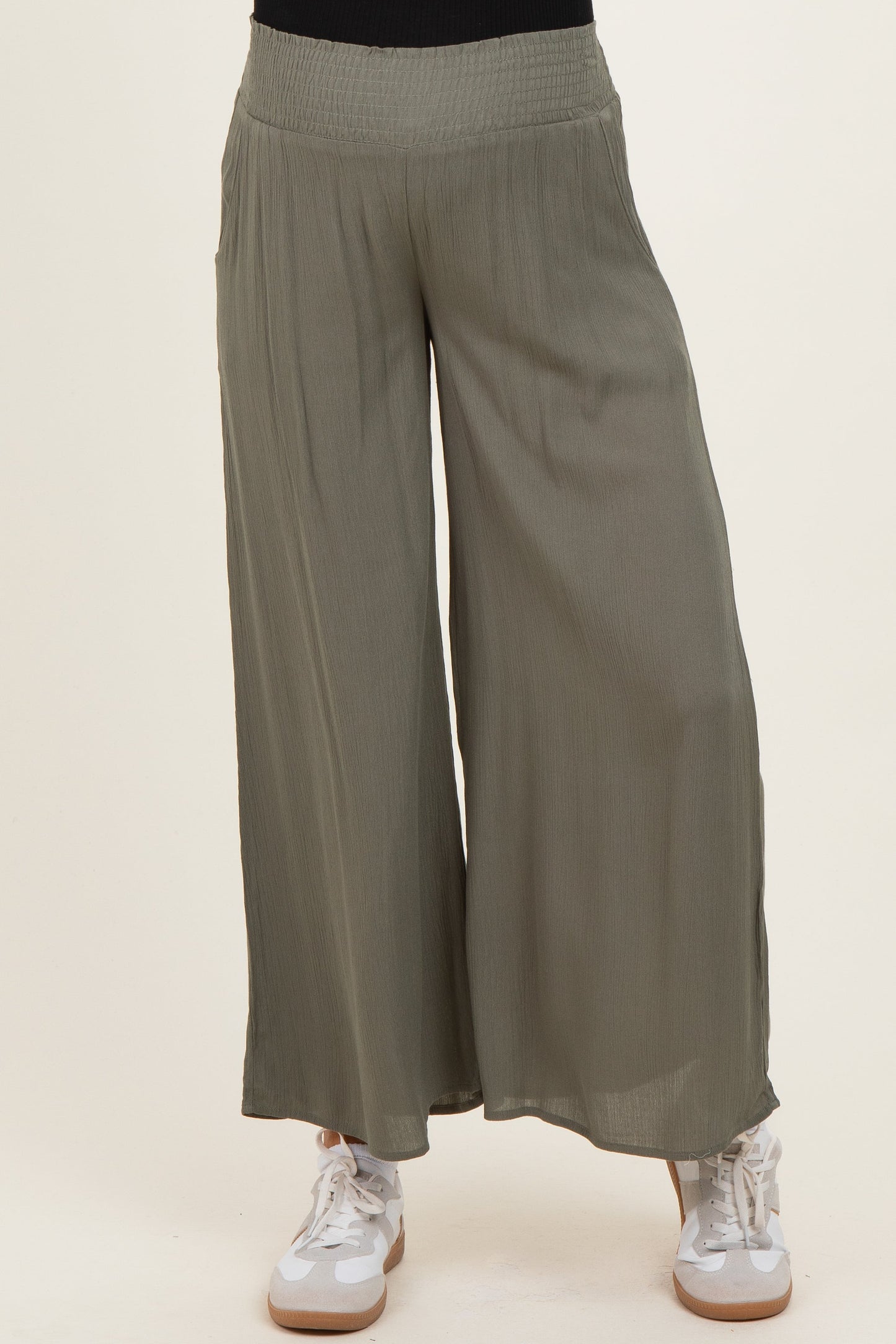 Olive Smocked Waist Ankle Wide Leg Maternity Pants