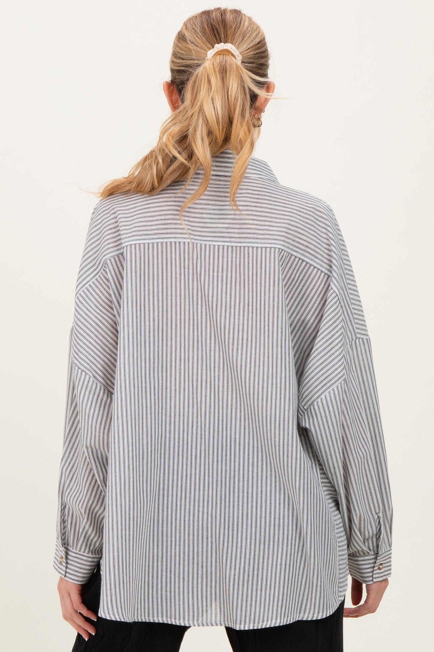 Black Oversized Striped Button-Up Maternity Shirt