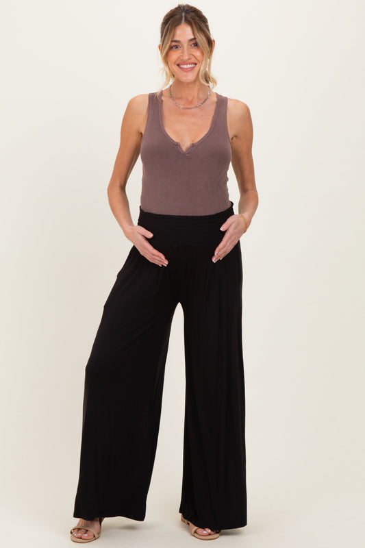 Black Smocked Waist Wide Leg Maternity Pants
