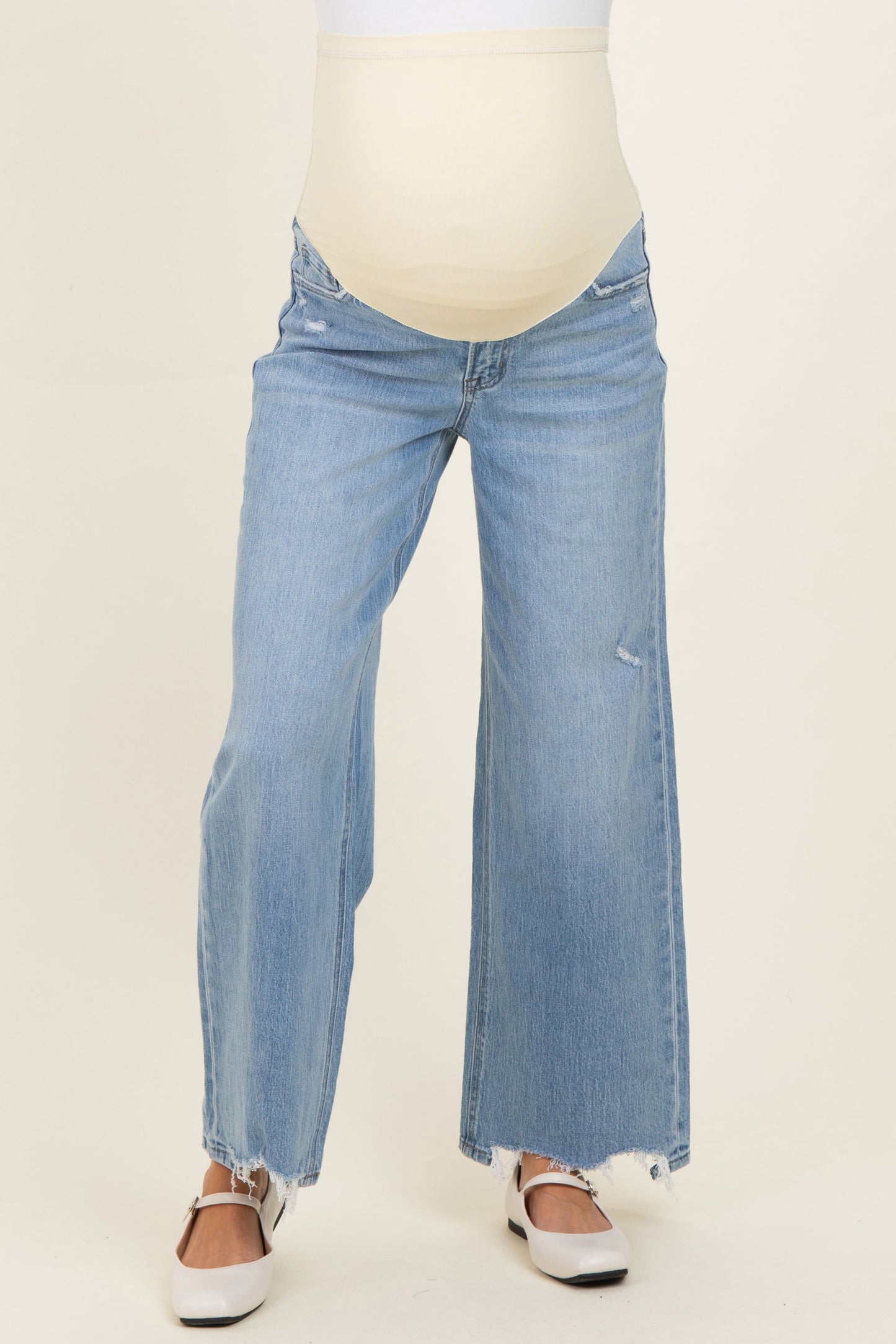 Light Blue Distressed Hem Wide Leg Maternity Jeans