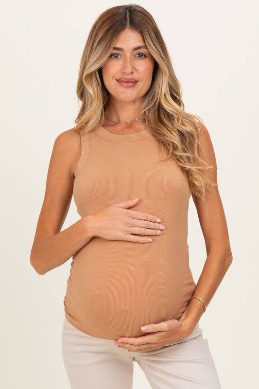 Camel Ribbed High Neck Maternity Tank Top