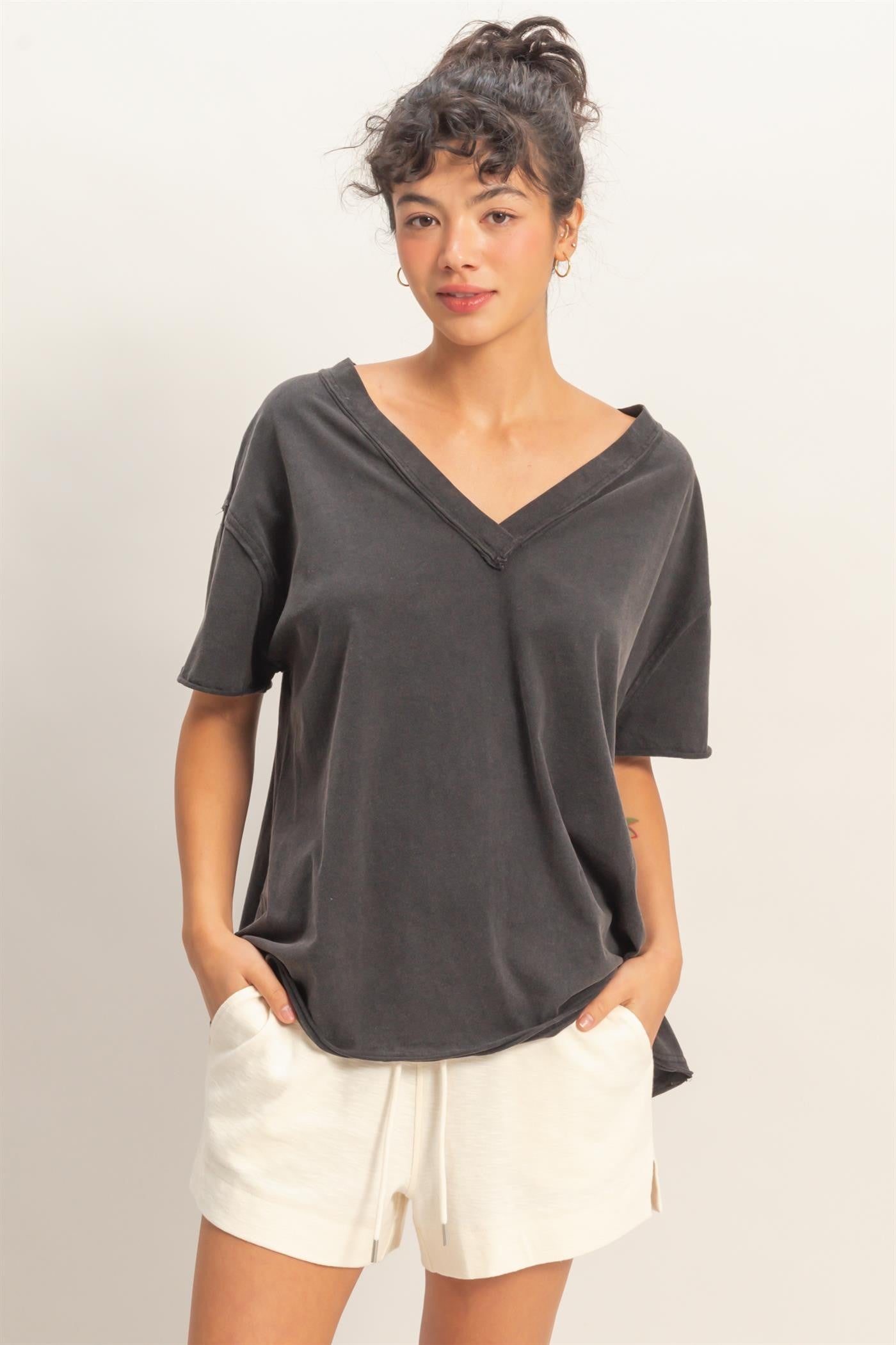 Black Washed V-Neck Oversized Maternity Tee