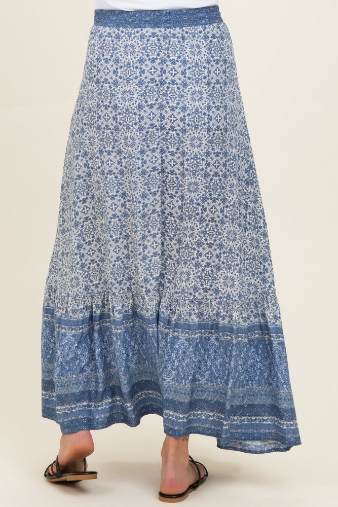 Blue Boho Print Drawstring Smocked Waist Maternity Maxi Skirt