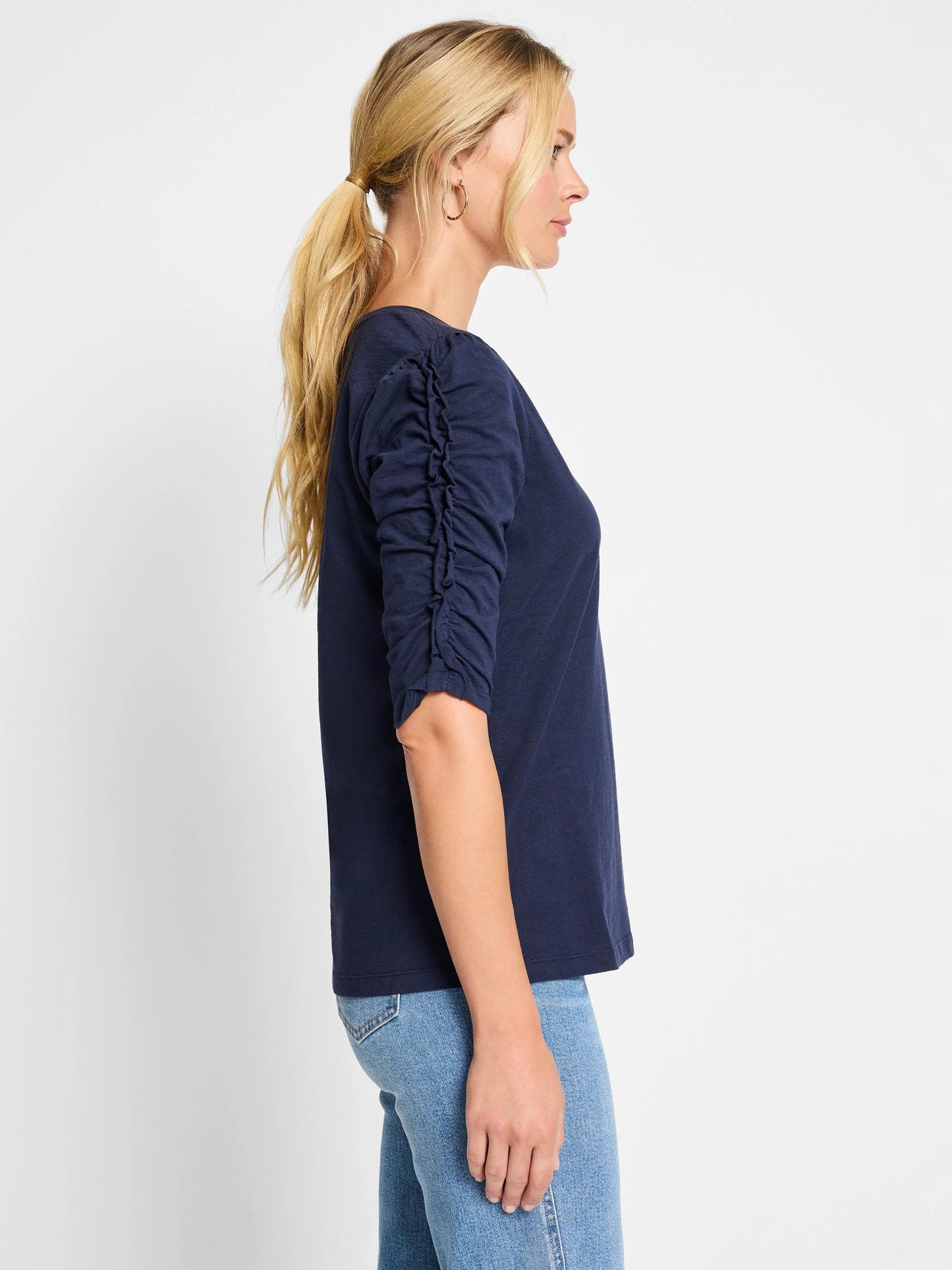 NZT Ruched Elbow Sleeve Split Neck Tee
