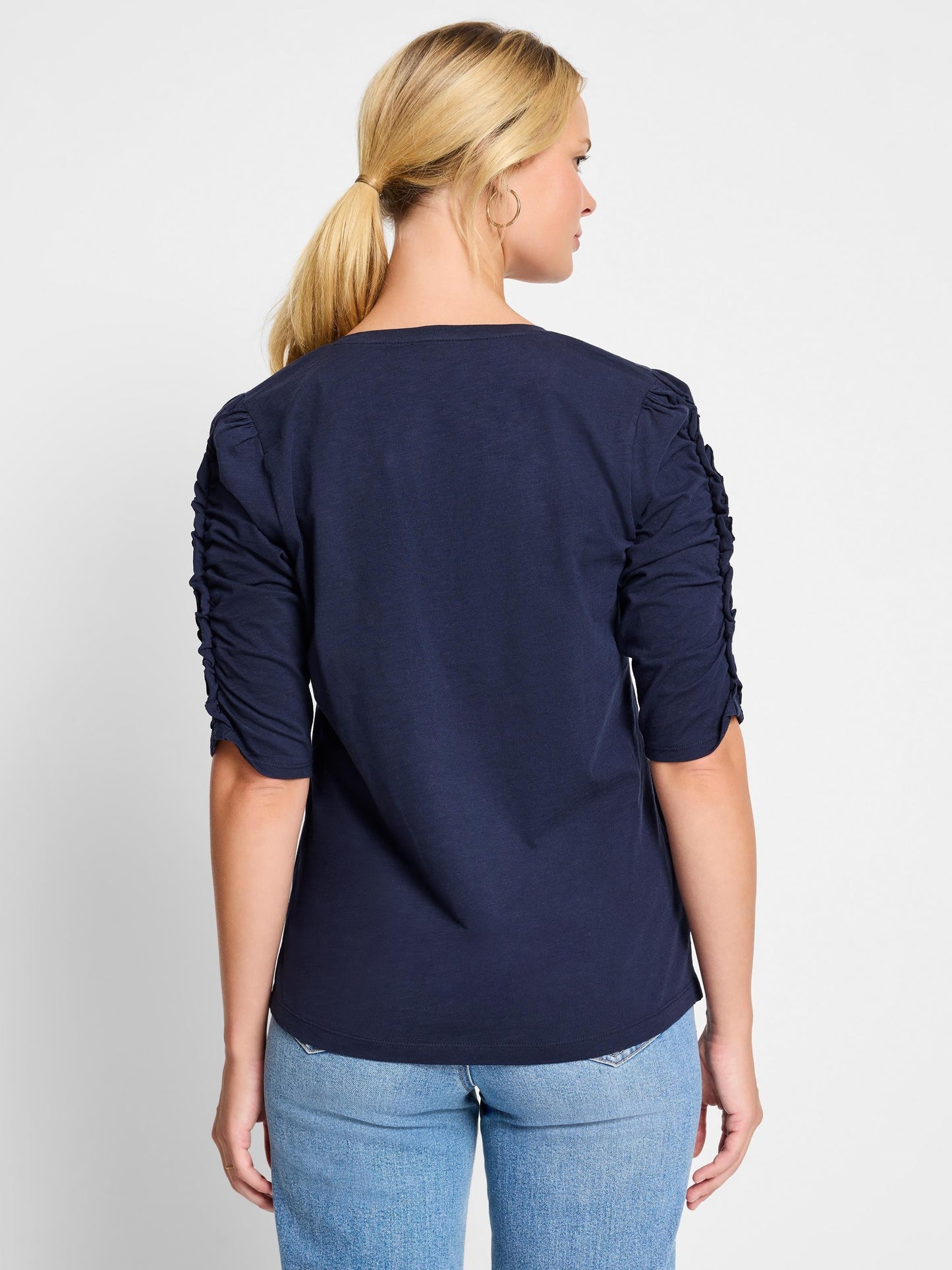 NZT Ruched Elbow Sleeve Split Neck Tee