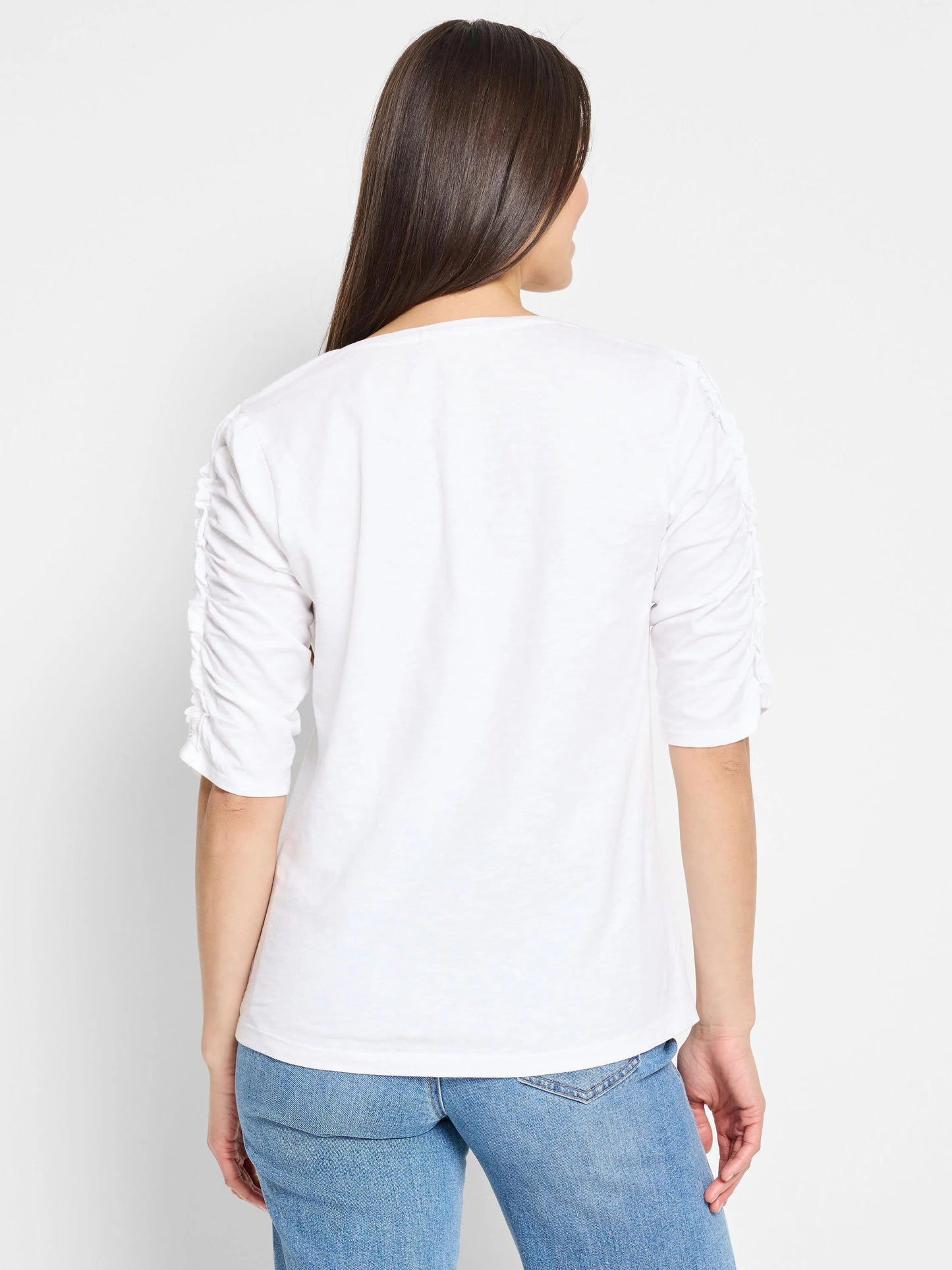 NZT Ruched Elbow Sleeve Split Neck Tee