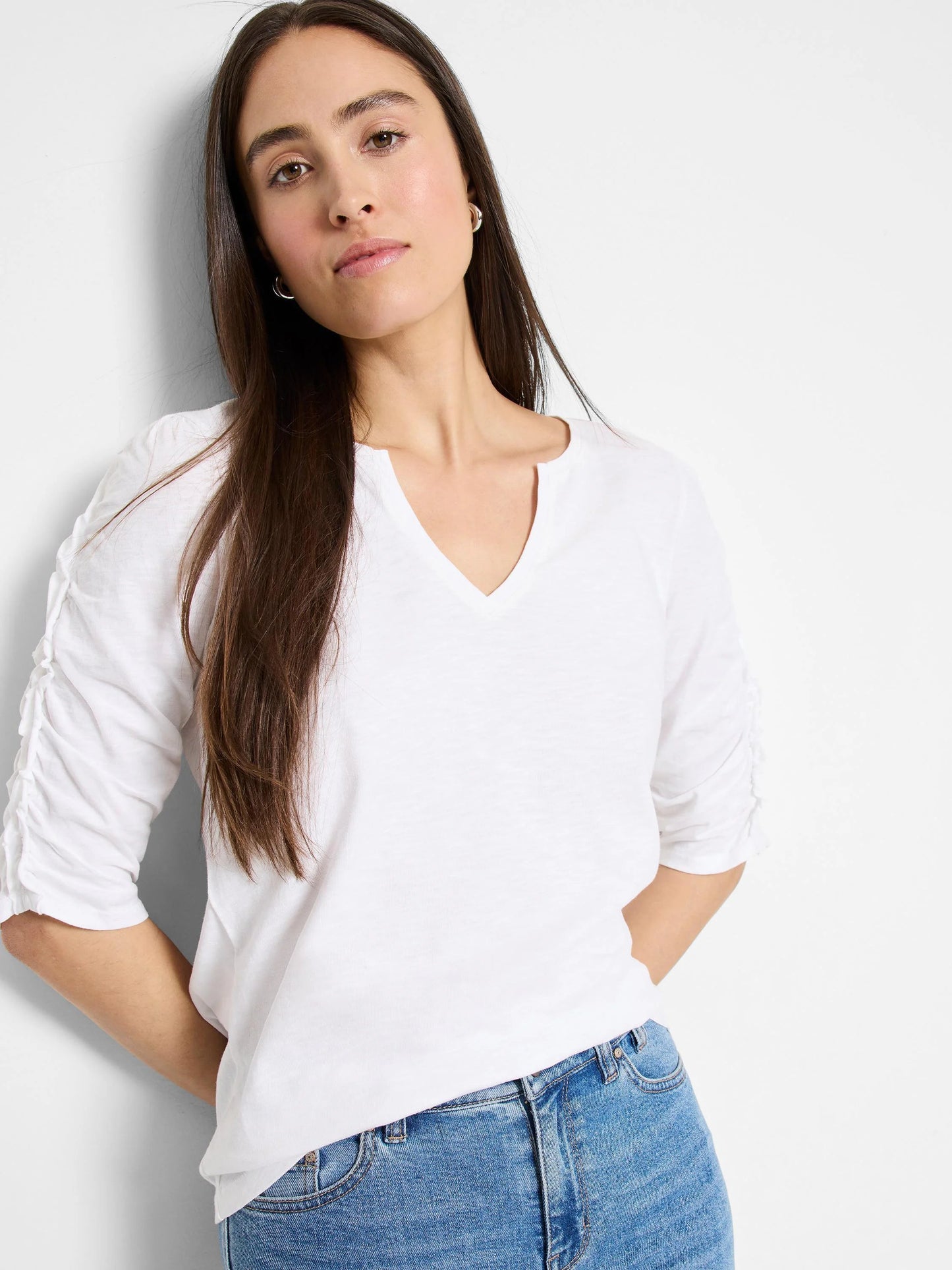NZT Ruched Elbow Sleeve Split Neck Tee