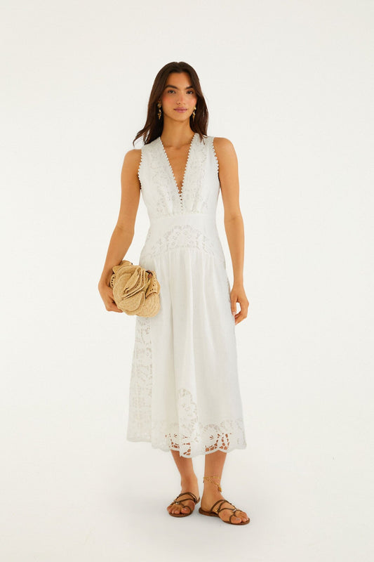 Off-White Richelieu V Neck Sleeveless Midi Dress